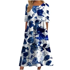 Women's Short Sleeve Maxi Summer Dresses Round Neck Pullover Dress Elegant Floral Printed Long Dress