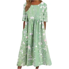 Women's Short Sleeve Maxi Summer Dresses Round Neck Pullover Dress Elegant Floral Printed Long Dress with Pocket Loose Flowy Hem Boho Dresses Beach Daily Wear - 01 Green