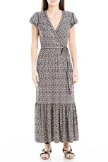 Women's Short Sleeve Midi Crepe Jersey Wrap Dress, Black/Blush Iris Curl, M