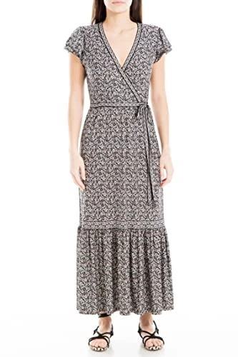 Women's Short Sleeve Midi Crepe Jersey Wrap Dress, Black/Blush Iris Curl, M