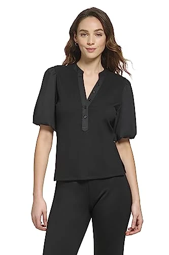 Women's Short Sleeve Mixed Media Top T-Shirt, Black, S