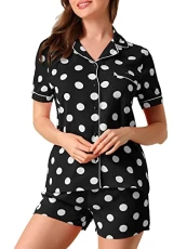 Womens Short Sleeve Notch Collar Piped Button Down Sleepwear Polka Dots Pajama Sets Black 24