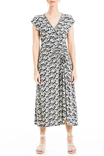 Women's Short Sleeve Side Tie Ruched Midi Dress, Navy/Butter Leafy Nouveau Buds, L
