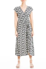 Women's Short Sleeve Side Tie Ruched Midi Dress, Navy/Butter Leafy Nouveau Buds, L Women's Short Sleeve Side Tie Ruched Midi Dress, Navy/Butter Leafy Nouveau Buds, L