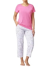 Women's Short Sleeve T-Shirt and Skimmer Pyjama Set, Pink Lemonade-Care Script, L