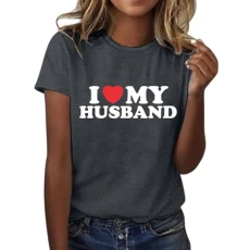 Women's Short Sleeve T-Shirt with Print Funny Letter Print I Love My Husband Casual Fashion Short Sleeve Crew Neck T-Shirt Female Printed, gray, Large