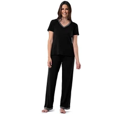 Women's Short Sleeve Tee and Pant 2 Piece Sleep Pajama Set, Black, L Women's Short Sleeve Tee and Pant 2 Piece Sleep Pajama Set, Black, L