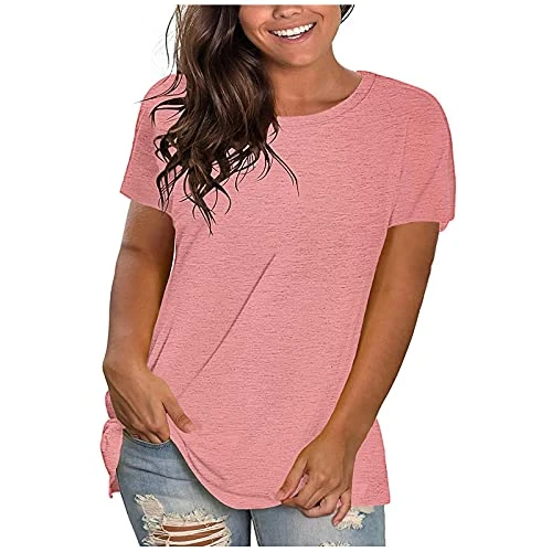 Womens Short Sleeve Tops Plus Size Loose Crew Neck T Shirt Ladies Summer Baggy Basic Comfy Soft Casual Long Tops Solid Color Classic Relax Fit Oversize T-Shirt