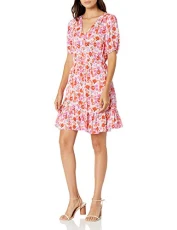 Women's Short Sleeve V-Neck Ditsy Floral Mila Wrap Dress Casual, Pink Multi, X-Small
