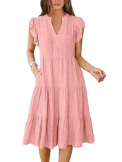 Women's Short Sleeve V-Neck Flowing with Pleats Beach Dress A Line Summer Dress Long Casual Dress Casual Wrap Dress with Pockets Casual Dress, pink, XXL Women's Short Sleeve V-Neck Flowing with Pleats Beach Dress A Line Summer Dress Long Casual Dress Casual Wrap Dress with Pockets Casual Dress, pink, XXL
