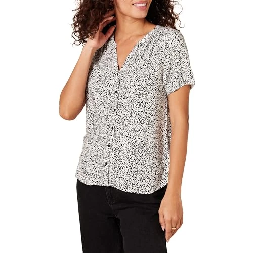 Women's Short-Sleeve Woven Blouse, Black White Animal, S