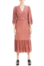 Women's Short Sleeve Wrap Midi Dress, Terracotta Hexagon N Square Panel, M
