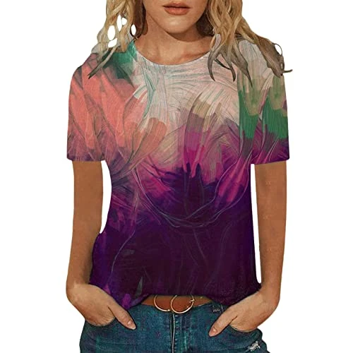 Women's Short-Sleeved Cotton T-Shirt Casual Fashion Printed Pattern Short Sleeve Crew Neck T-Shirt Top Shirt Large Sizes, purple, M