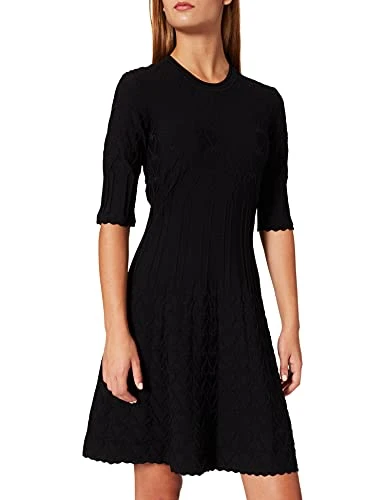Women's Short Sleeved Dress in Heart Stitch Stretch Viscose with Flared Skirt Casual, Black, 14