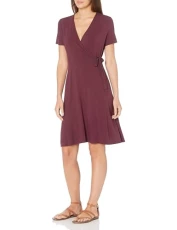 Women's Short leeved Faux-Wrap Dress, Burgundy, XXL