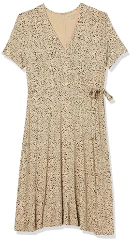 Women's Short-Sleeved Faux-Wrap Dress, Light Rose Leopard Print, S