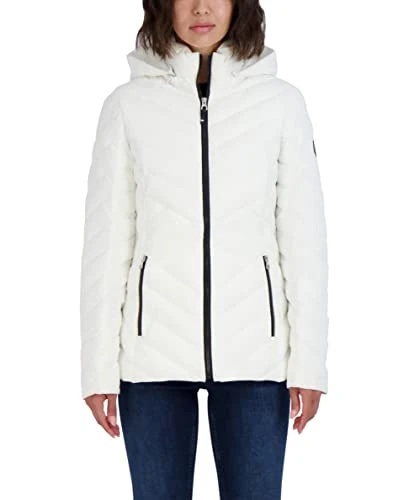 Women's Short Stretch Lightweight Puffer Jacket with Removeable Hood, Winter White, M