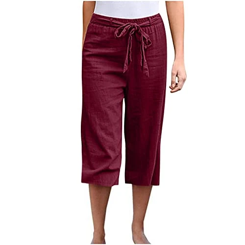 Women's Shorts 46 Women's High Waisted Trousers with Wide Leg Drawstring Elastic Trousers Comfortable Straight Leg Fashion Long Trousers with Pockets Women's Trousers Blue, Wine Red, S
