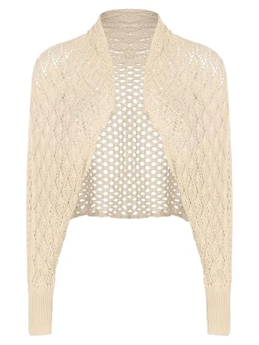 Women's Shrugs Long Sleeve Knitted Crochet Sweater Shawl Open Front Cropped Cardigan for Dresses Beige One Size