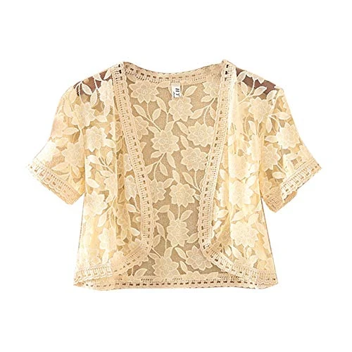 Womens Shrugs Summer Floral Lace Short Sleeve Open Front Bolero Shawl Cardigan Apricot XL
