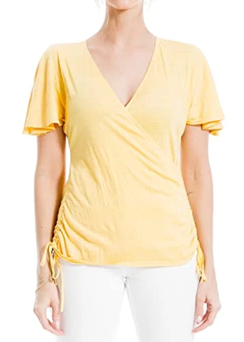Women's Side Cinched Surplice Neck Top Shirt, Sunshine, X-Small