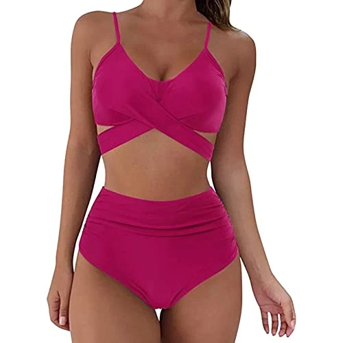 Women's Side Tied Bikini Sets Removable Swimwear Push-up Bikini Top Men's Shirts Women Print Bikini Push Set Soild High Swimsuit Swimwear Up Attractive Swimwear 's Set, Wine Red, XL