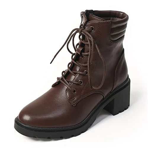 Women's Side Zip Leather Ankle Boots Chunky Heel Lace-Up Biker Boots Brown 3 UK