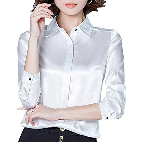 Women's Silk Blouse Casual Office Work Long Sleeve Solid Basic Lady Blouse Top Shirt (UK 10, White)