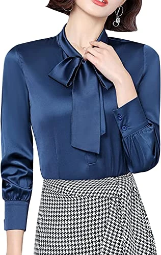 Women's Silk Blouse Long Sleeve Satin Bow Tie Shirt Casual Work Office Silky Blouse Top Navy