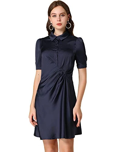 Women's Silk Button Front Shirtdress Office Ruched Short Sleeves Satin Shirt Dress Navy Blue L