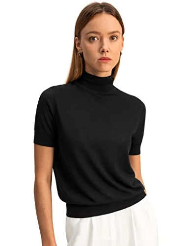 Womens Silk Cashmere Pullover Sweater with Turtleneck & Mid Sleeves, Soft & Elastic Salomon Sweater Top with Regular Fit(Black,L)