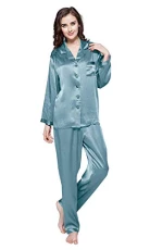 Women's Silk Pyjama Set 22 Momme Long Sleeves Pajamas Sleepwear 100% Pure Mulberry Silk Charmeuse (M/12, Blue-Haze)