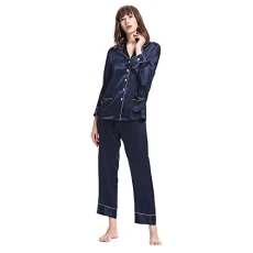 Women's Silk Pyjamas Long Ladies Pajamas V Neck Trimmed 100% 22 Momme Pure Mulberry Silk Size 12/M Navy Blue Women's Silk Pyjamas Long Ladies Pajamas V Neck Trimmed 100% 22 Momme Pure Mulberry Silk Size 12/M Navy Blue