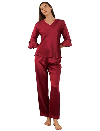 Women's Silk Pyjamas Set Laced V Neck Long 22 Momme Pure Silk Claret Size 12/M