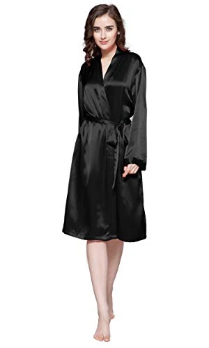 Women's Silk Robe 22 Momme 100% Mulberry Silk Bathrobe Long Sleeves Belt Waist Tie V Neck Lightweight Midlength Pyjamas Ladies SleepwearM, Black