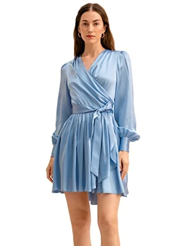 Womens Silk Wrap Dress Ladies Pleated Evening Gown with Puff Sleeve Girls Maxi Midi Dress for Cocktail Party(Sky Blue,M)