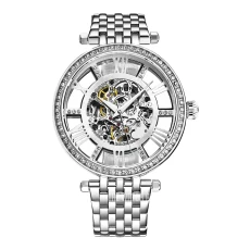 Womens Silver Crystal Studded Automatic Bracelet Watch