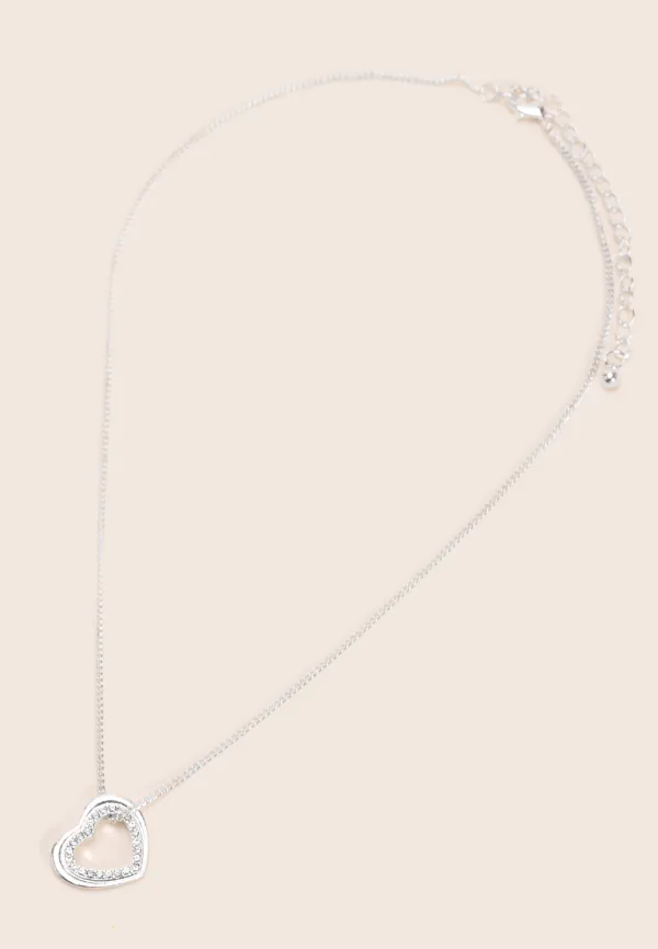 Womens Silver Heart Diamante Charm Necklace