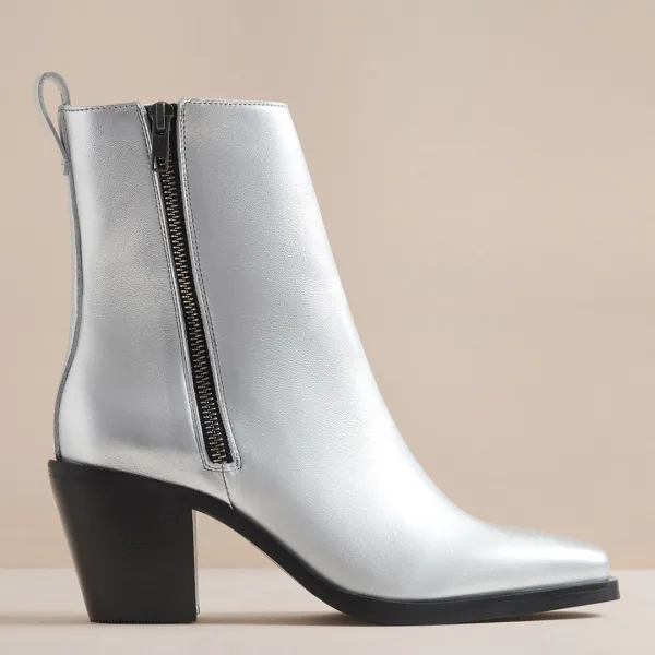 Womens Silver Metallic Rey Leather Cowboy Ankle Boot