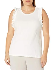 Women's Simple Relaxed T-Shirt with Frill Sleeve Trim Detail, Ivory, X-Small Women's Simple Relaxed T-Shirt with Frill Sleeve Trim Detail, Ivory, X-Small