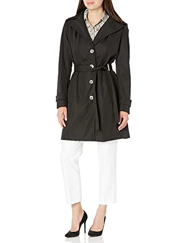 Women's Single Breasted Belted Rain Jacket with Removable Hood Trench Coat, Black, XS