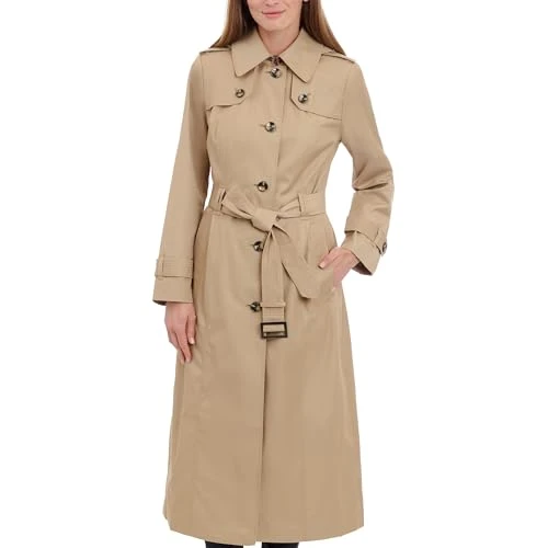 Women's Single Breasted Long Trench Coat with Epaulettes and Belt Trenchcoat, Br Khaki, XL