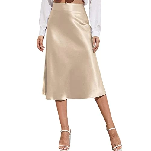 Women's Skirt A-line Midi Skirt with High Waist for Women, Solid Satin Dress, Zip, Elegant Summer Skirts Case Women, khaki, S