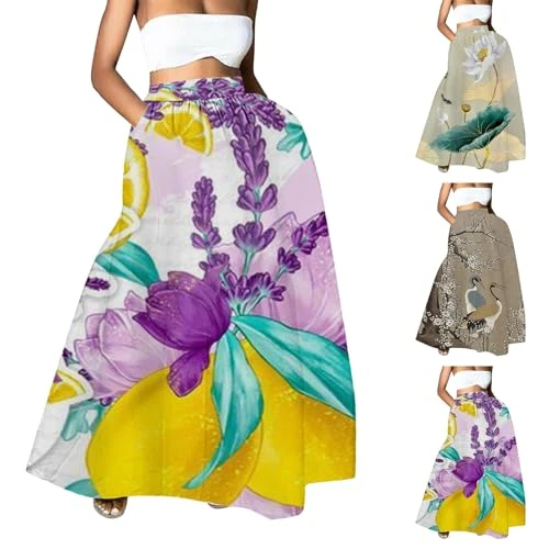 Women's Skirt Floral Printed Tunic Half Bodies Dress Cutout Bohemian A Shape Long Hem Tropical Printed Flowy Skirt Womens Midi Skirts Ladies Skirts Elasticated Waist(A2 Purple,XL)