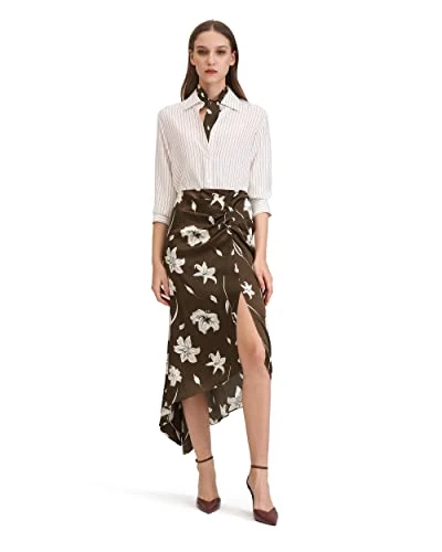 Womens Skirt Ladies Real Mulberry Silk High Waist Floral Print Midi Pleated Skirt for Girls(Chocolate,16-18)