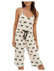 Women's Sleepwear 2 Piece Print Cami Top and Cropped Pants Pyjama Set Loungewear Summer Nightwear Beige S
