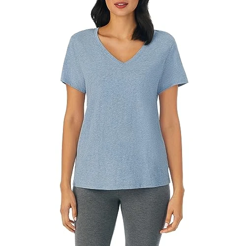 Women's Sleepwear Cotton Jersey Knit V-Neck Sleep Top Pajama Shirt (Regular and Plus Size), Heather Blue, S