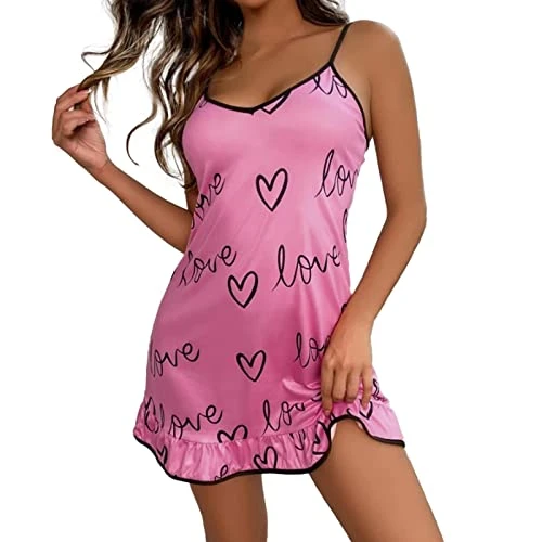 Women's Sleepwear Custom Label Rope Casual Pyjamas Letter Milk Silk Nightdress Pyjamas Pretty Ruffle Night Dress Cuddly Dress, pink, XL