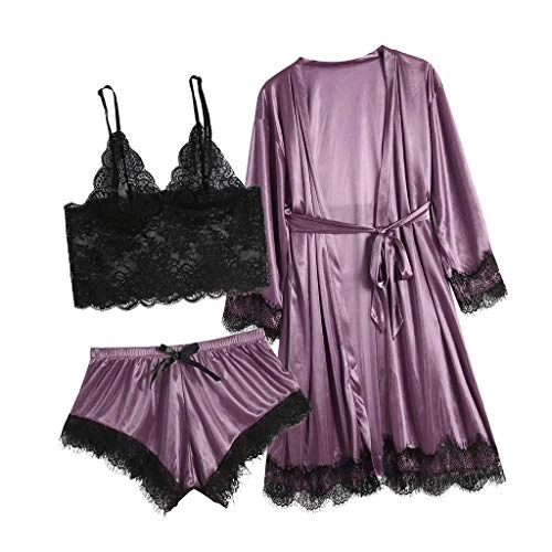 Women's Sleepwear Winter 5pcs Silk Satin Pajama Set Sexy Cami Top Nightgown Lace Sleepwear Robe Dressing Gown Nightdress with Chest Pad Purple