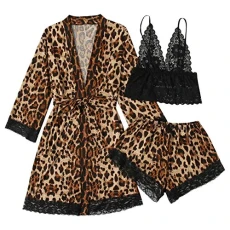 Women's Sleepwear Winter 5pcs Silk Satin Pajama Set Sexy Cami Top Nightgown Lace Sleepwear Robe Dressing Gown Nightdress with Chest Pad